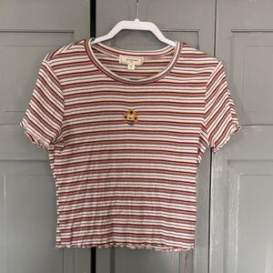 Red and White Striped Crop Top with Floral Embroidery